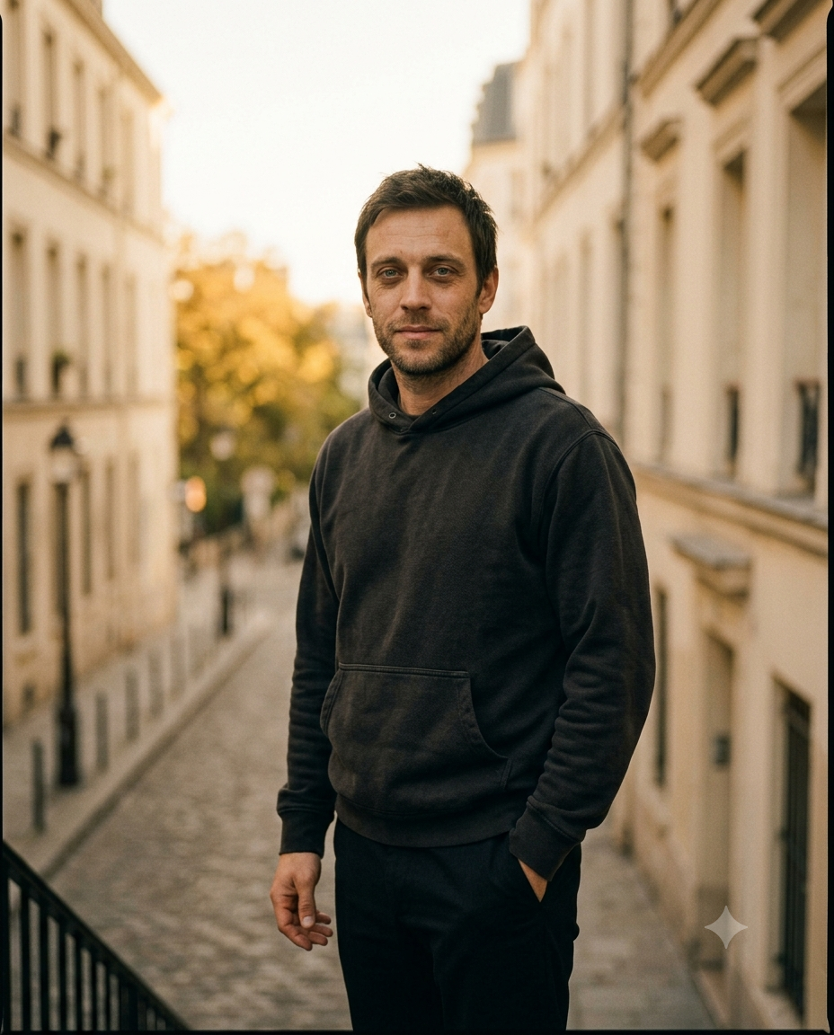 A man standing outside in natural morning light, calm and grounded