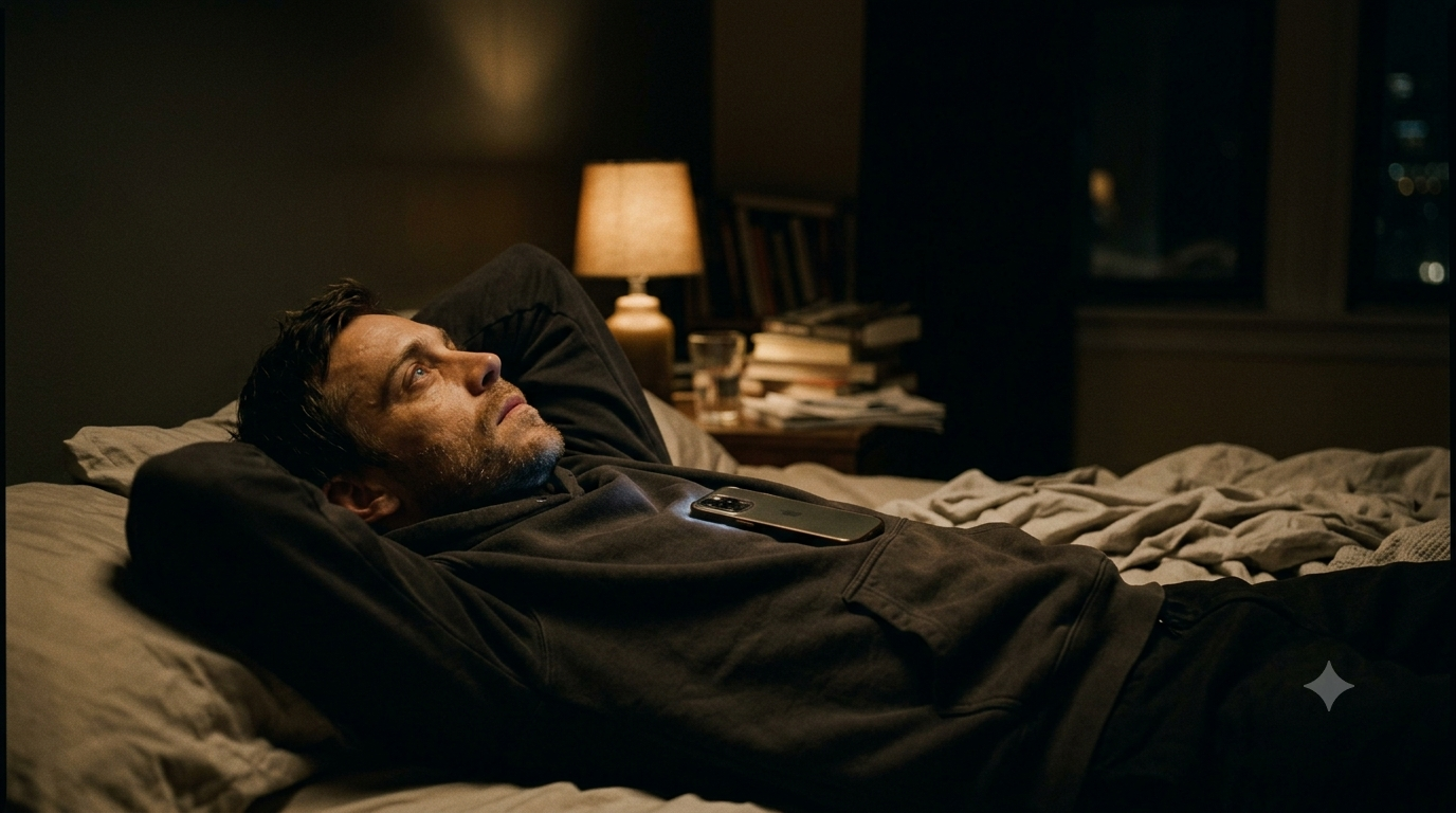 A man lying awake at night staring at the ceiling, phone resting on his chest