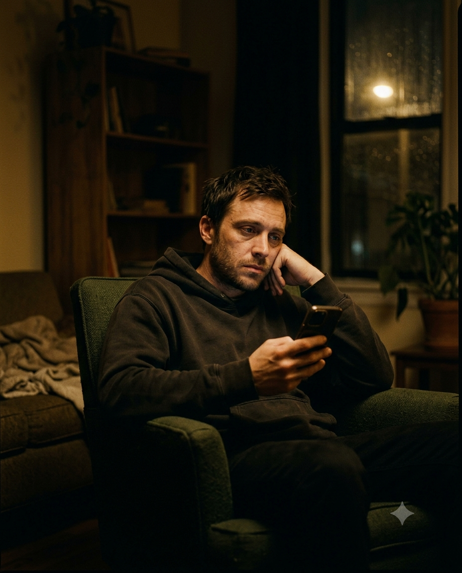 A man alone at night, lit only by his phone screen, lost in thought