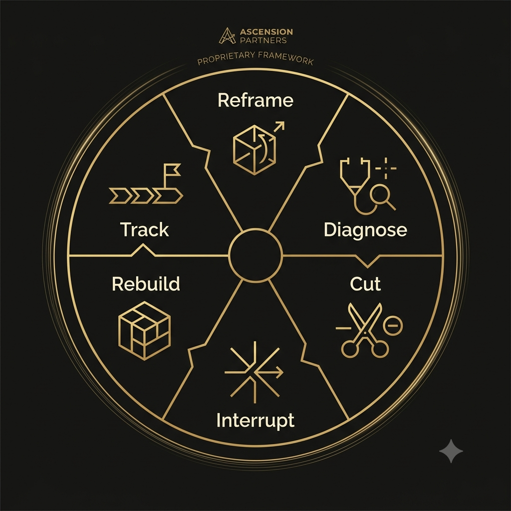 The six-stage Rebuilt Man System framework: Reframe, Diagnose, Cut, Interrupt, Rebuild, Track